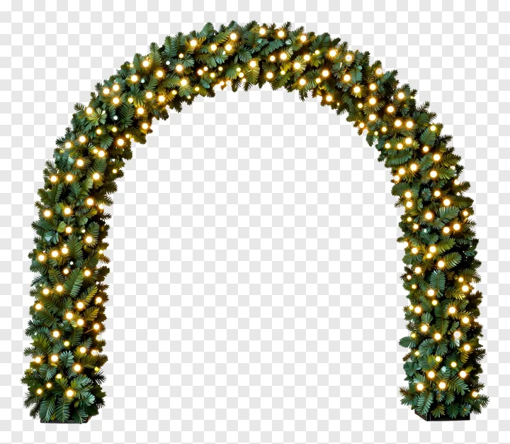 Festive arch decorated with green pine and warm lights.