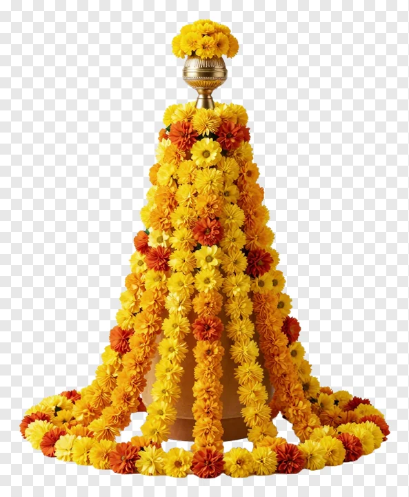 Golden vessel decorated with yellow and orange marigold flowers in a cascading pattern.