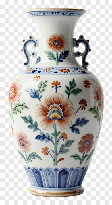 Ceramic vase with colorful floral design and handles.
