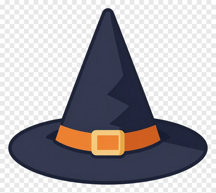 A dark witch hat with an orange belt.