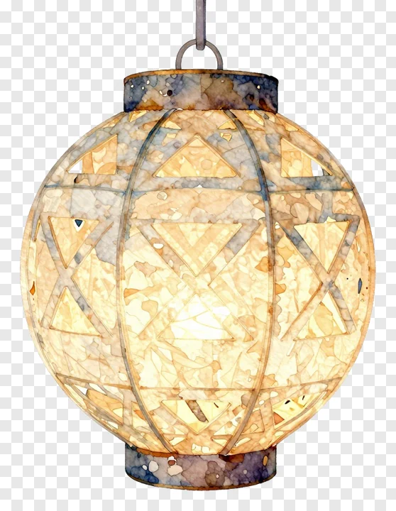 A glowing paper lantern with geometric cutouts.
