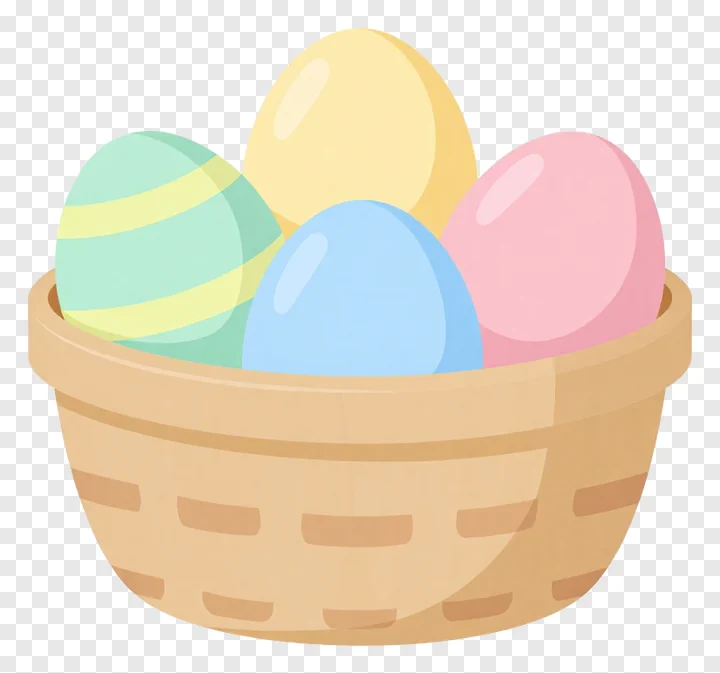 A basket containing four pastel Easter eggs.