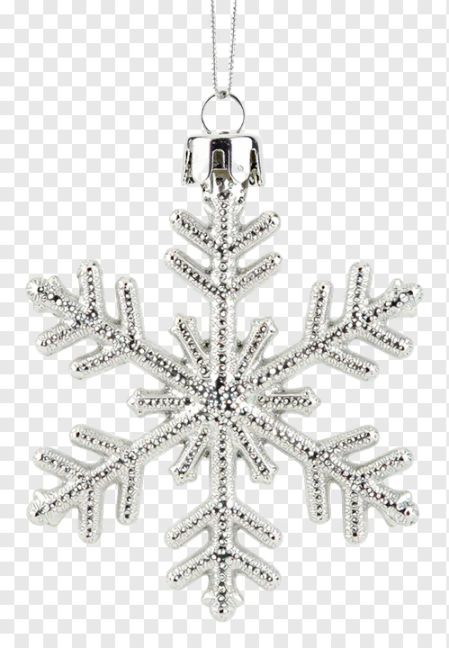 Silver snowflake ornament with hanging loop.