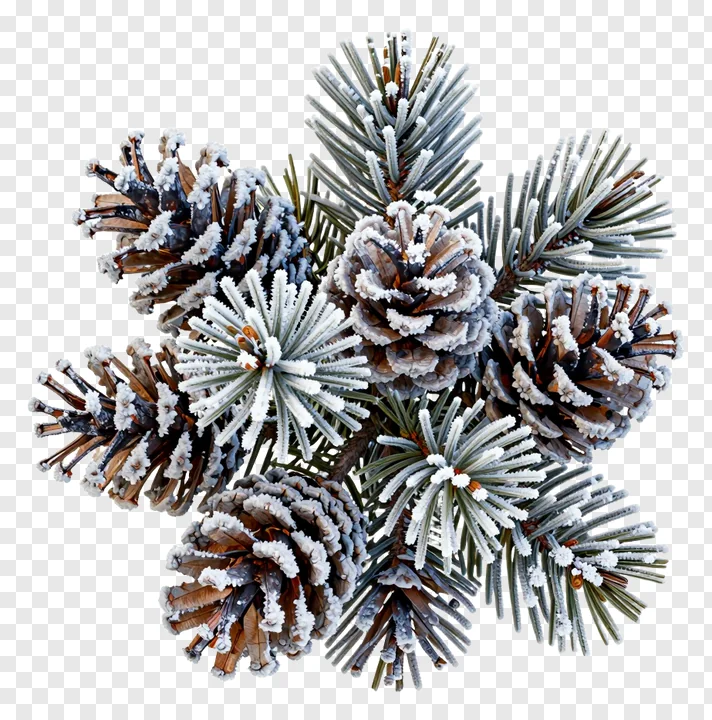 A frost-covered cluster of pinecones and pine needles.
