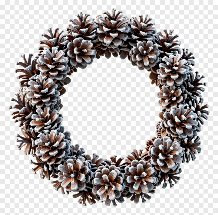 A 3D-rendered wreath of frosted pinecones.