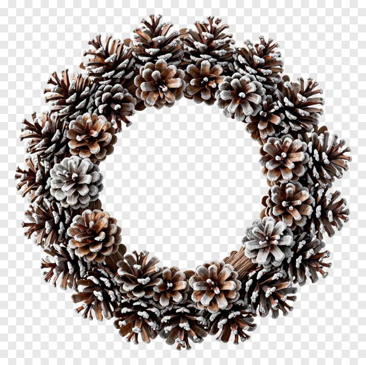 A wreath of frosted pinecones arranged in a circle.