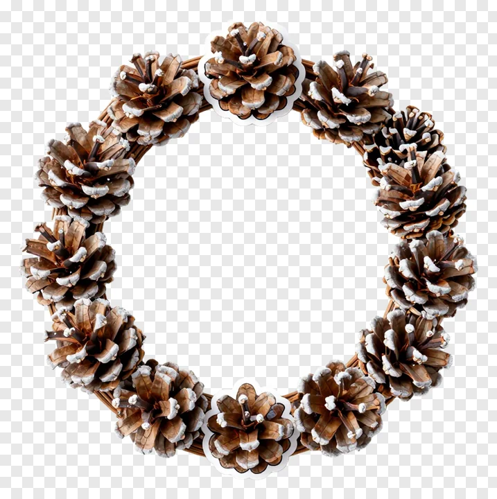 A wreath of pinecones covered in frost.
