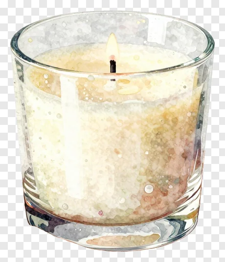 A lit candle in a glass holder.