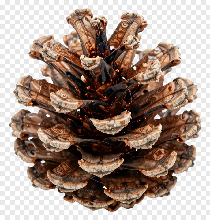 Marbled glass pinecone slice with detailed patterns.