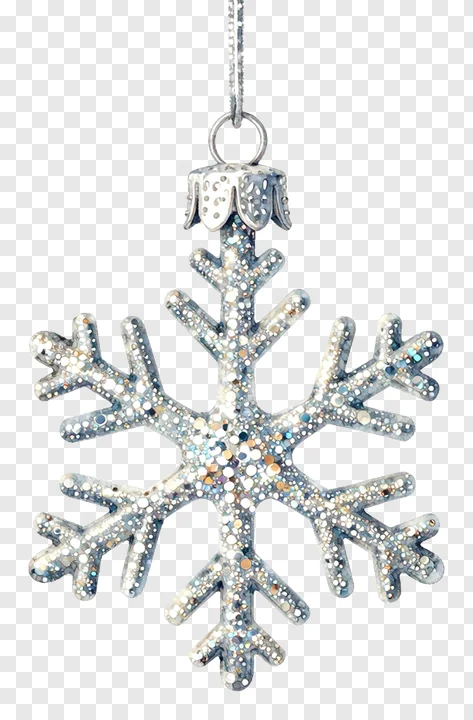 A glitter-covered snowflake ornament hanging by a string.