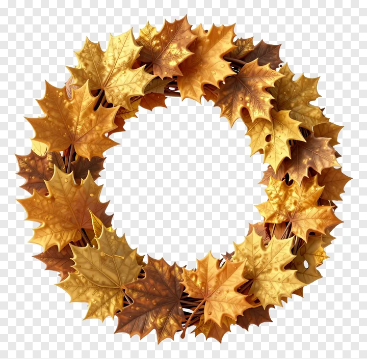 A wreath of shiny autumn maple leaves in gold and brown.