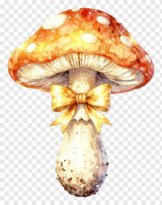 A glowing mushroom with a golden bow.