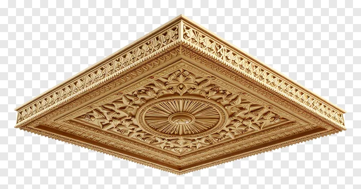 A golden, carved ceiling medallion with floral and geometric patterns.