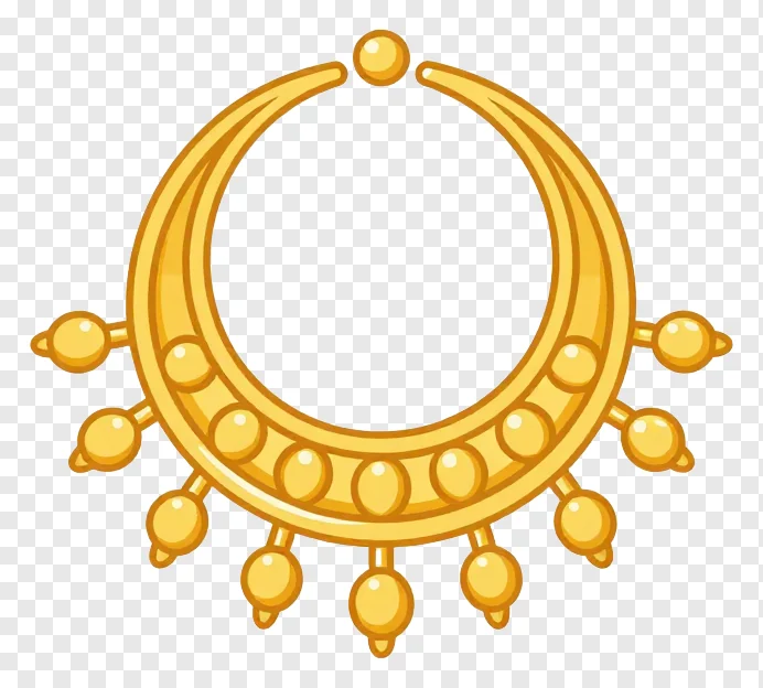 A golden circular necklace with beads.