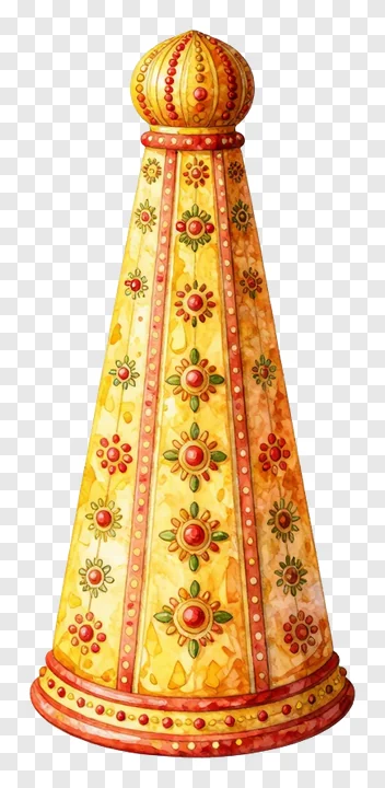 Golden conical festival ornament with floral designs.