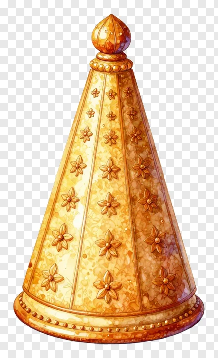 A golden conical object with floral patterns.