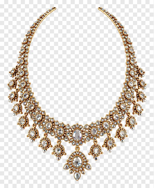 Golden necklace with central oval stone and dangling accents.