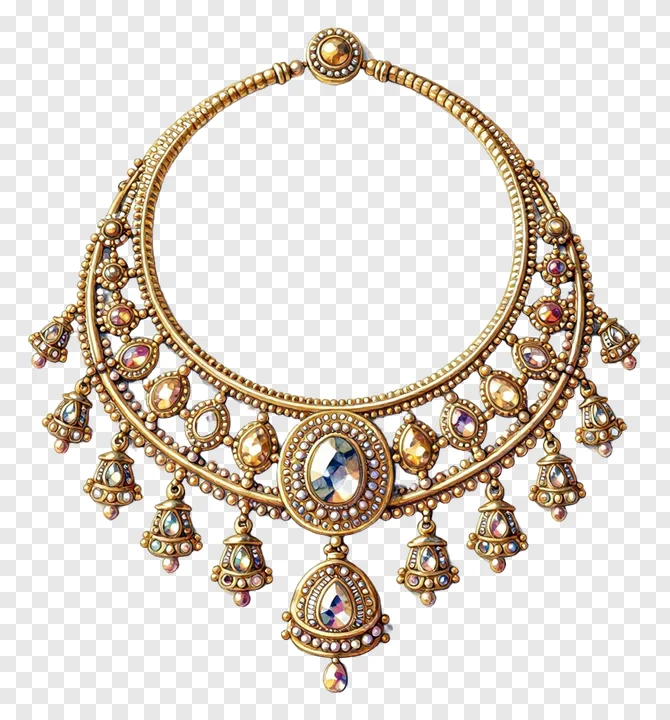 A golden necklace with colorful gemstones and dangling pendants.
