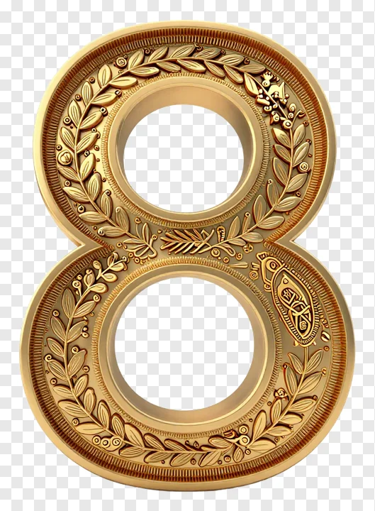 A decorative golden number eight with engraved laurel leaves and patterns.