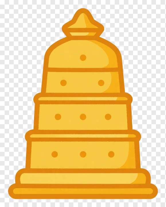 Golden tiered festival ornament with circular details.