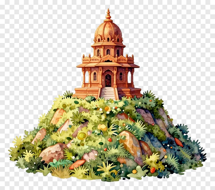 A watercolor-style miniature temple on a green hill.