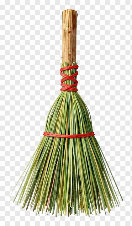 A grass broom with red thread bindings.
