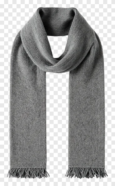 Gray knitted winter scarf with fringe.