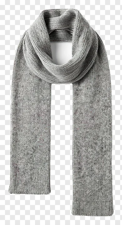 A heather gray knitted winter scarf draped in a loop.