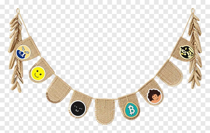 A jute garland with emoji flags and leafy ends.