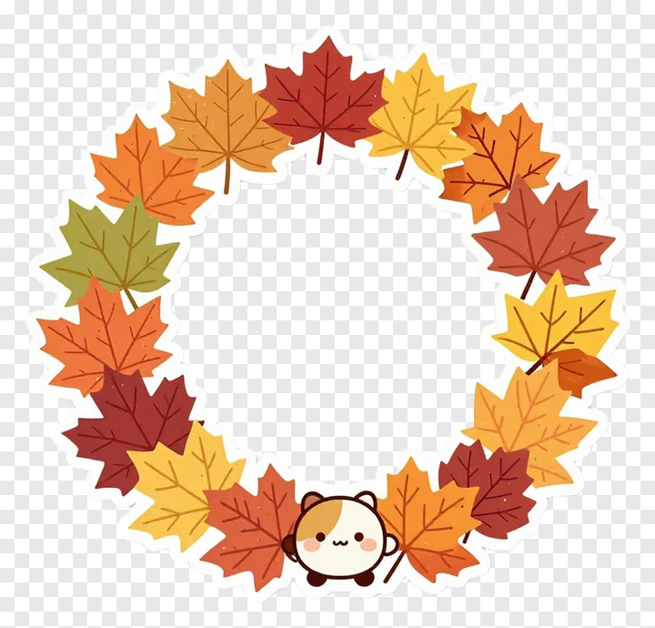 A wreath of autumn leaves with a small kawaii animal in the center.