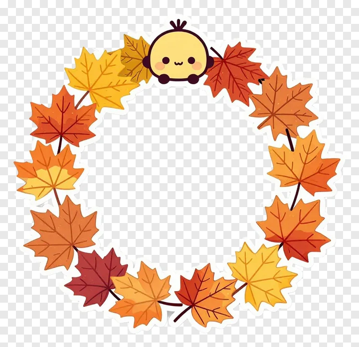 A kawaii bee perched on a wreath of autumn leaves.