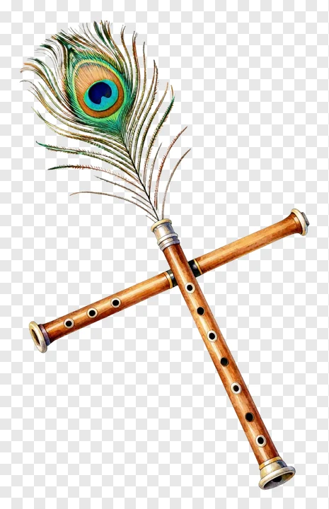 A wooden flute adorned with a peacock feather.