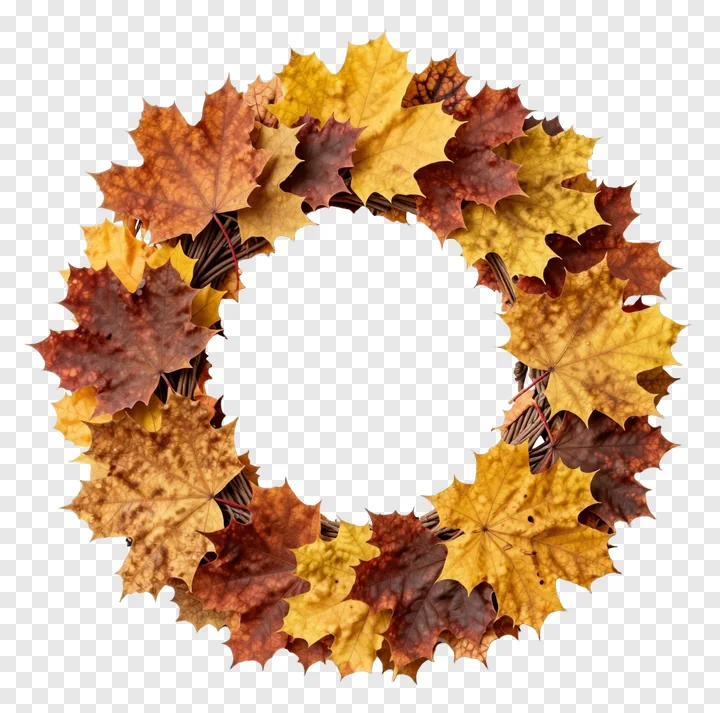 An autumn wreath made of maple leaves with a woven twig base.