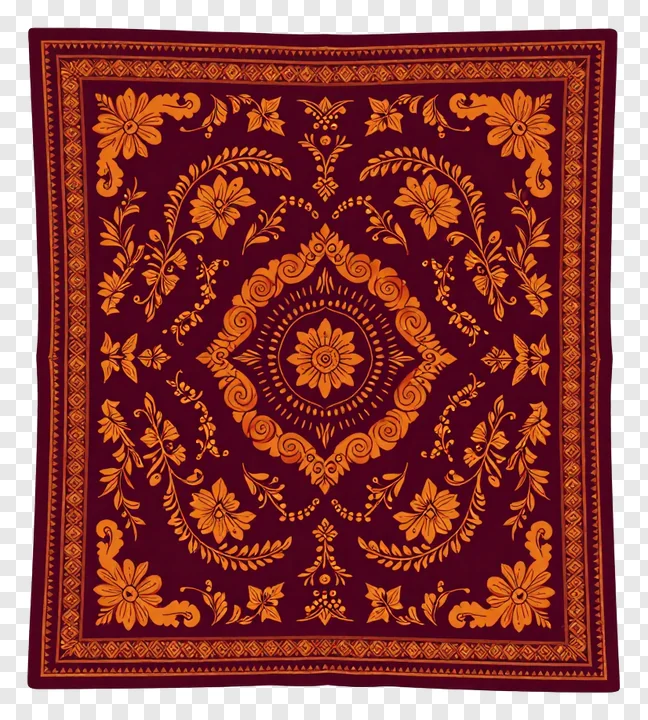Square maroon fabric with gold alpona pattern.