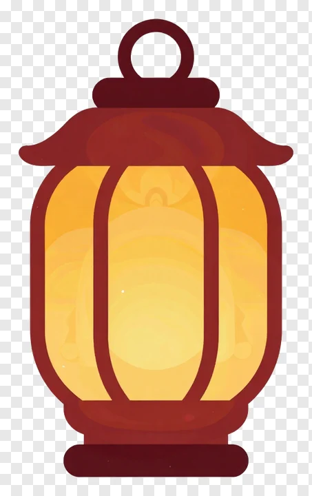 A maroon paper lantern with a warm, glowing light inside.