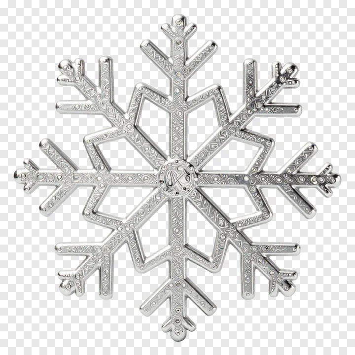 A silver snowflake ornament with detailed embossed patterns.