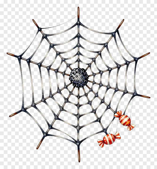 Spiderweb made of metal strands holding red-and-white candy drops.