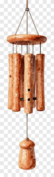 A miniature terracotta wind chime with five tubes and a striker.