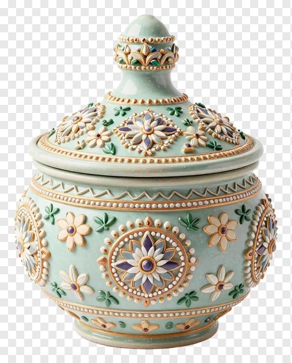 A mint green decorated karwa pot with floral patterns and gold accents.
