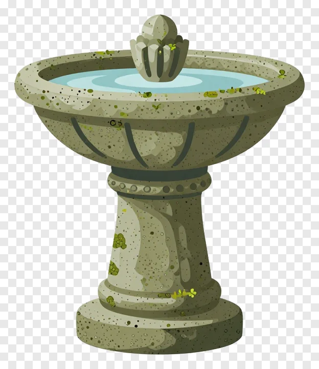 A stone garden fountain with moss growing on its base.