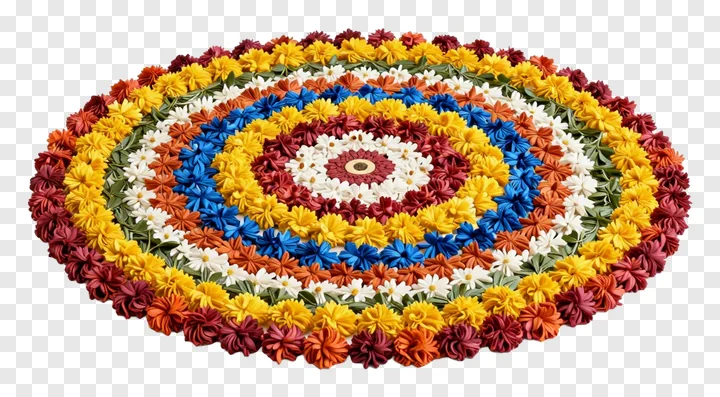 A colorful spiral kolam rangoli made of flowers.