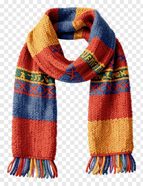 A colorful knitted scarf with fringe and patterned stripes.