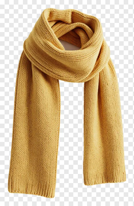 A mustard-colored knitted winter scarf.