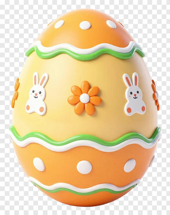 A decorated Easter egg with bunnies and flowers.