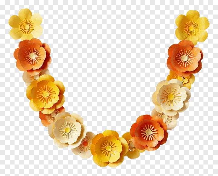 A curved garland made of orange and yellow paper flowers.