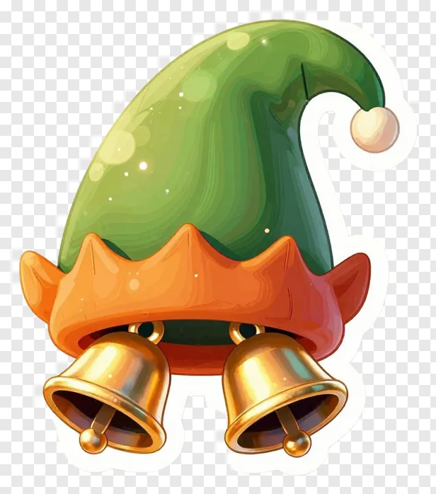 A green elf hat with two golden bells.