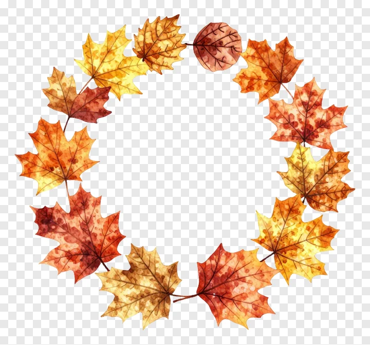 Circular wreath of autumn maple leaves in watercolor style.