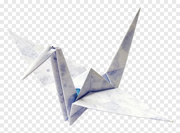 A folded paper crane with blue and white patterned paper.