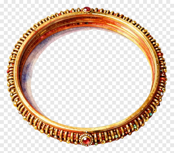 An ornate gold bangle with red gemstones and bead details.