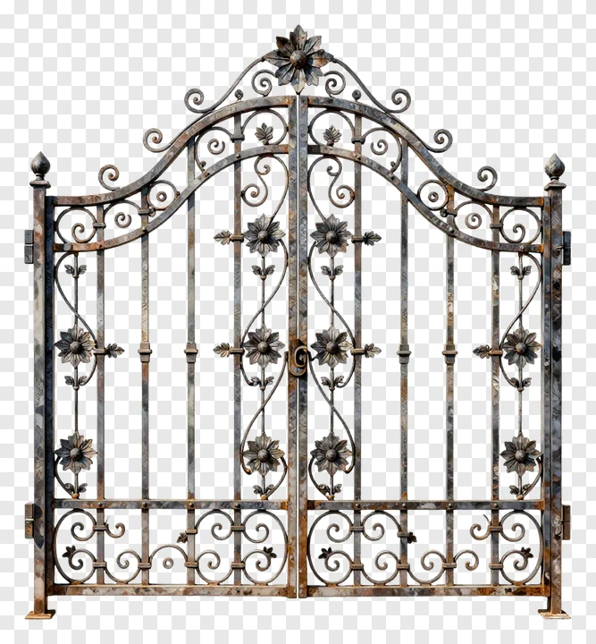 Decorative metal gate with floral designs and scroll patterns.